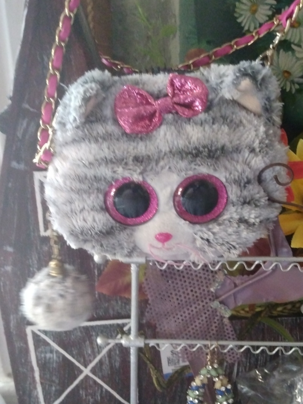 Ty Gray Plush Kitty Crossbody Bag with Pink Glitter Accents